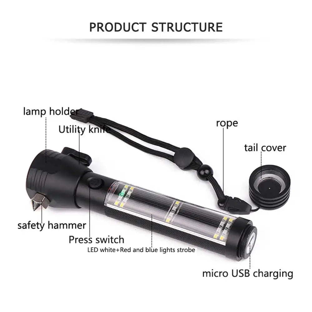 New 3W Solar Power LED Flashlight Hammer Glass Breaker Torch Light Magnet Survival Tool for Camping Outdoor Car Home Emergency