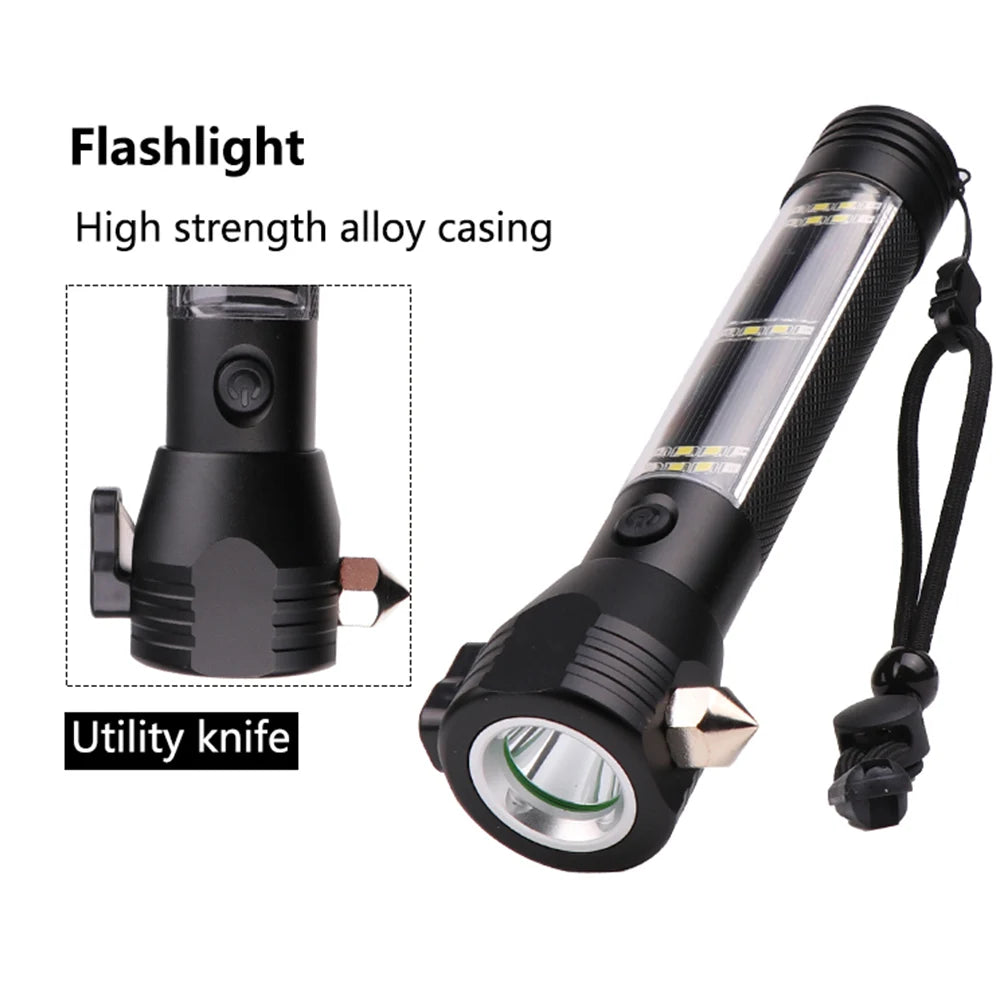 New 3W Solar Power LED Flashlight Hammer Glass Breaker Torch Light Magnet Survival Tool for Camping Outdoor Car Home Emergency