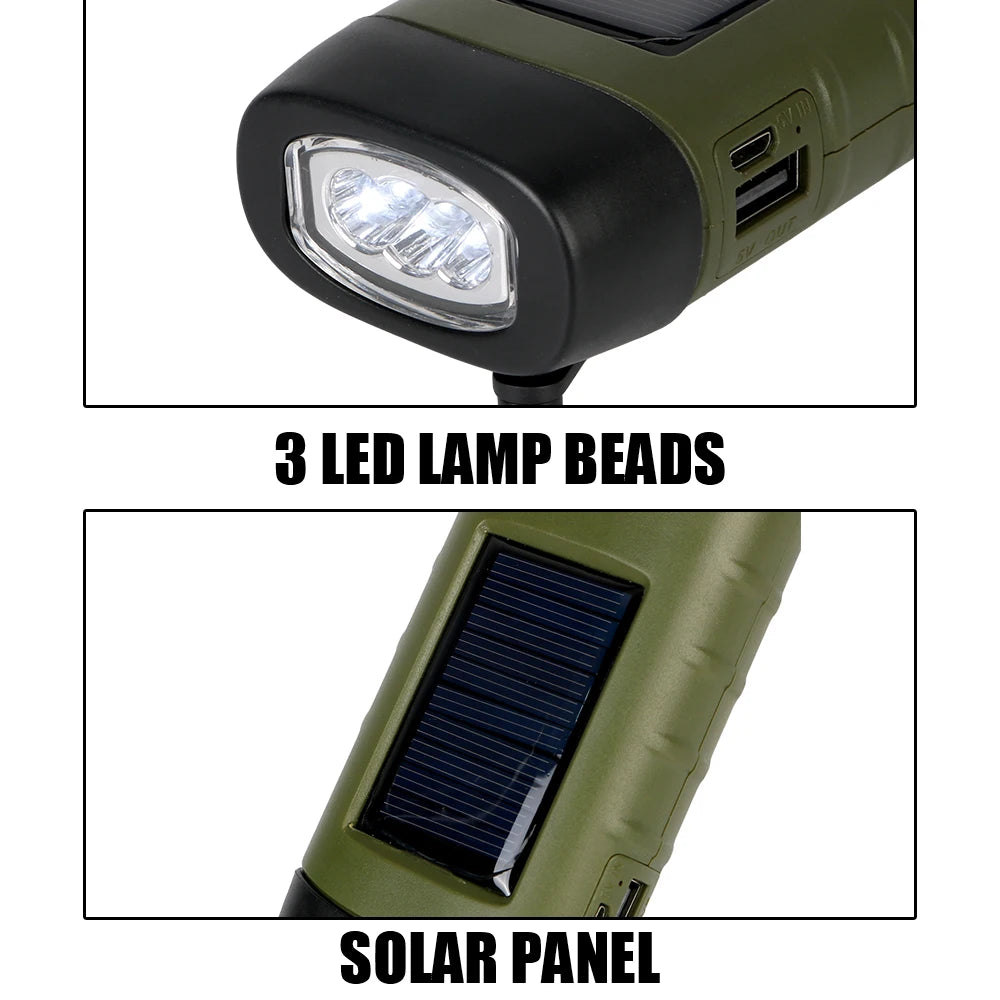 LED Flashlight Solar Flashlight For Fishing Boating Hiking Survival Gear Power Bank Rechargeable Emergency Hand Crank Dynamo