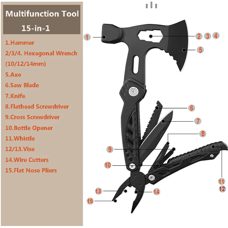 Survival Axe Multifunction Fold Pliers Axe 15-in-1 MultiTool Camping Ax Hammer Outdoor Escape Tool Portable EDC Pocket Knives